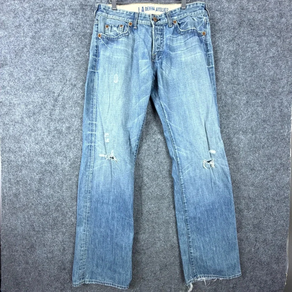 LA Denim Atelier Jeans Mens 34 Blue Denim Distressed Whiskers Low Rise Straight